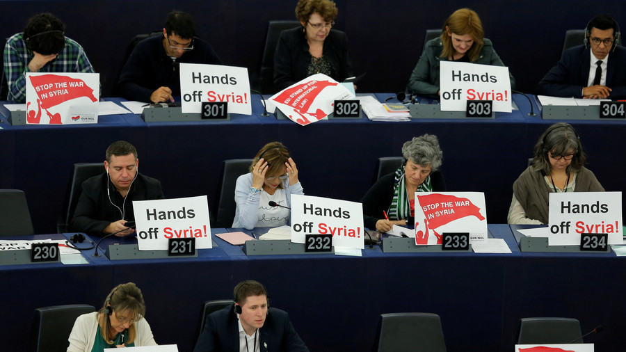 MEPs protest Syria strikes during Macron’s call for EU unity (PHOTOS)