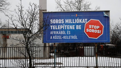 A government billboard is seen in Budapest, Hungary, February 14, 2018. It reads: 'Soros wants to transplant millions from Africa and the Middle East' © Bernadett Szabo