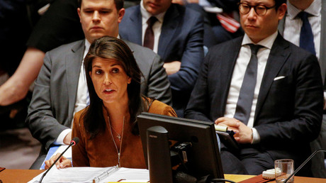 United States envoy to the United Nations Nikki Haley addresses the Security Council, April 9, 2018. © Brendan McDermid