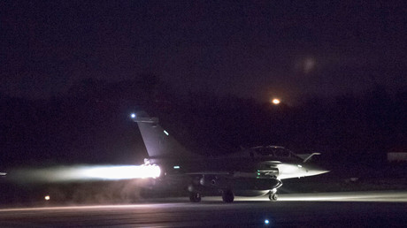 A plane preparing to take off as part of the joint airstrike operation by the British, French and US militaries in Syria.
