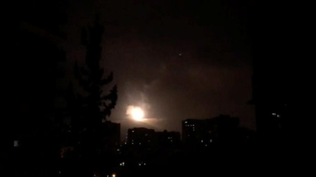FILE PHOTO: Syrian air defense repels air strike in Damascus, April 14, 2018. SYRIA TV via Reuters TV