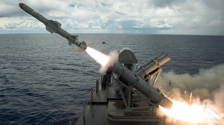 FILE PHOTO: A harpoon missile launches from the missile deck © U.S. NAVY