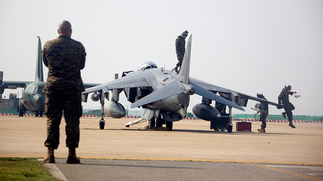 FILE PHOTO: U.S. Marines with Marine Attack Squadron 311 inspect and conduct maintenance on an AV-8B Harrier during Exercise MAX THUNDER 17 at Kunsan Air Base, South Korea © Reuters
