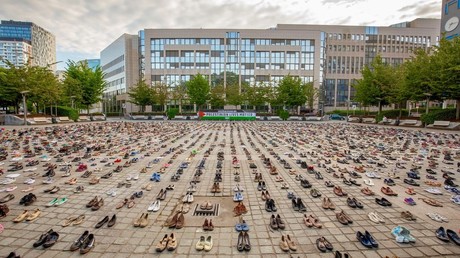 The 4,500 shoes on display outside EU Council building in Brussels, Belgium.