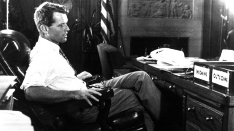 Robert F. Kennedy sits at his desk at the Justice Department in this 1968 file photograph. Kennedy was shot in Los Angeles 30 years ago on June 5, 1968, and died the following day. 