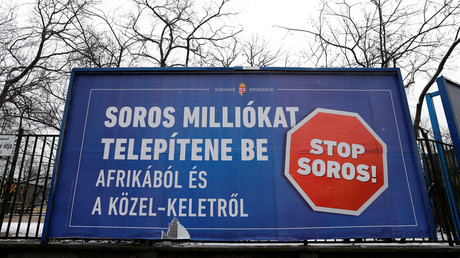 A government billboard is seen in Budapest, Hungary, February 14, 2018. A billboard reads: 'Soros wants to transplant millions from Africa and the Middle East'. © Bernadett Szabo