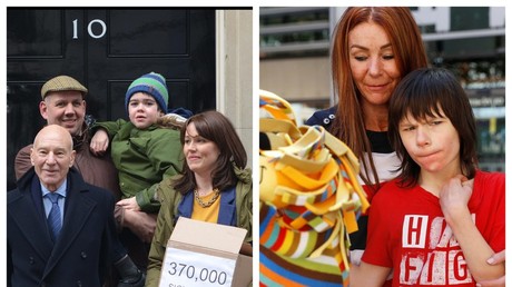 Alfie Dingley with parents at No. 10 in March (L), Billy Caldwell and mother Charlotte © Howard Jones/Global Look Press (L)/Peter Nicholls/Reuters (R)