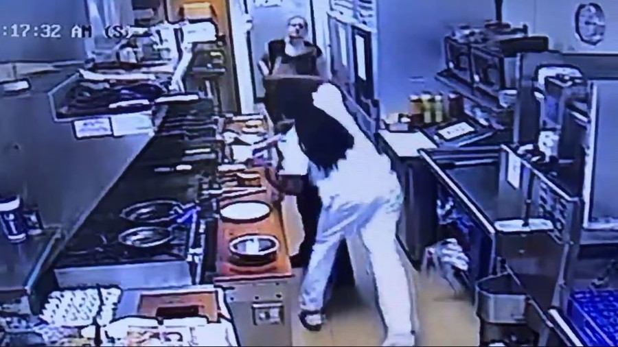 kitchen worker pulls gun on man who brutally sucker-punched her