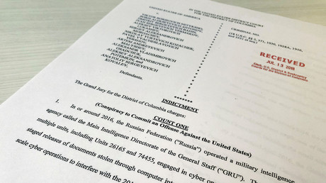 A copy of the grand jury indictment against 12 Russian intelligence officers © Jim Bourg