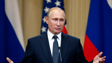 Russian President Vladimir Putin speaks during a joint news conference with U.S. President Donald Trump in Helsinki, Finland, July 16, 2018. © Grigory Dukor