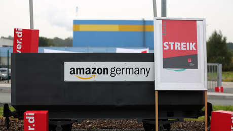 A placard reading 'strike' is seen outside a German Amazon distribution center in 2014. © Ina Fassbender / Reuters
