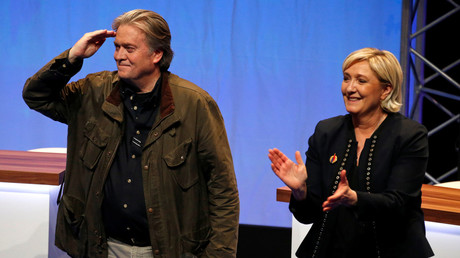 Steve Bannon at an event with National Front's leader Marine Le Pen. March 10, 2018. © Pascal Rossignol