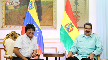 FILE PHOTO: Venezuela's President Nicolas Maduro (R) and Bolivia's President Evo Morales in Caracas, Venezuela April 15, 2018. 