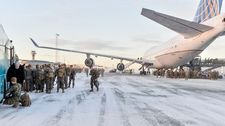 US Marines disembark after landing on January 16, 2017 in Stordal, Norway