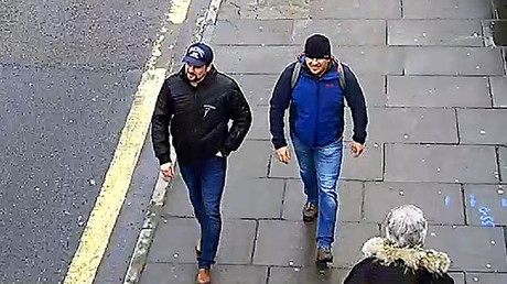 A handout picture allegedly taken in Salisbury, on March 4, 2018, and released by the British Metropolitan Police purportedly shows Alexander Petrov (R) and Ruslan Boshirov, September 5, 2018 © AFP