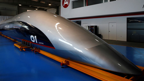The front of the world's first full-scale passenger Hyperloop capsule is seen during its presentation in Spain © Marcelo del Pozo