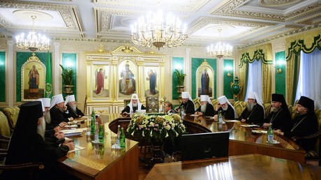 FILE PHOTO: An extraordinary meeting of the Holy Synod of the Russian Orthodox Church is held in Moscow, on September 14, 2018.  © Sputnik / Russian Orthodox Church