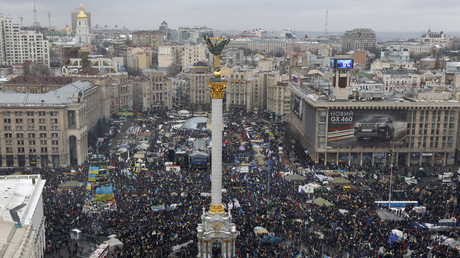 An aerial view shows Maidan Nezalezhnosti or Independence Square crowded by supporters of EU integration during a rally in central Kiev