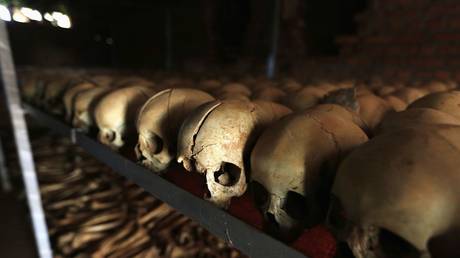 Remains from the Rwanda genocide are spread out on a metal shelf in a Catholic church in Nyamata April 9, 2014. © Reuters / Noor Khamis 