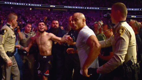 Ali Abdelaziz (white shirt) during the post-fight brawl at UFC 229 © AFP / HARRY HOW