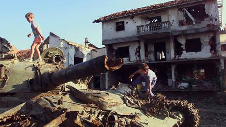 Serbian Army tank destroyed during NATO bombing