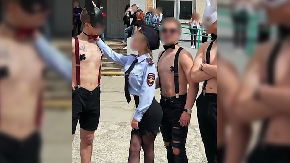Cop Uniforms And Nipple Tape BDSMthemed High School Graduation Stunt