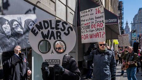 Anti-war activists protest in New York on the 16th anniversary of the US invasion of Iraq on March 19, 2019.