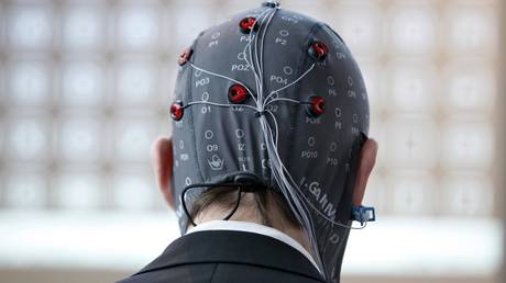 A helmet designed to detect brain activity and give signals to a technical device in order to control it, Computer and IT trade fair Cebit, Hanover Messe, Trade Fair, Hanover, Germany © Global Look Press / Jochen Tack