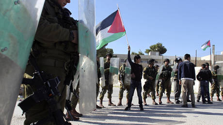 Palestinian youth waves a flag in front of Israeli soldiers during a demonstration near Bethlehem © REUTERS/Ammar Awad