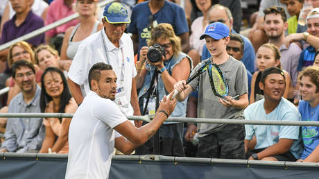 Tennis rebel Kyrgios in YET ANOTHER meltdown&hellip; but delights young fan by giving him smashed racket