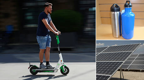 Main image: A man on an e-scooter © Reuters/Wolfgang Rattay; top right: Stainless steel water bottles © Wikimedia Commons; bottom right: solar panels © Global Look Press/picture alliance/Frank Duenzl