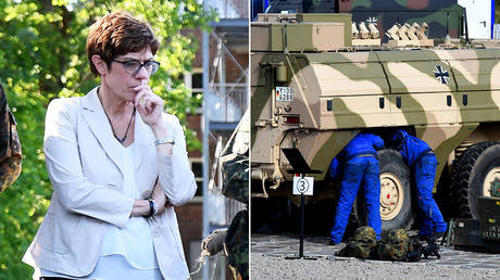 (R) A newly appointed Defence Minister Annegret Kramp-Karrenbauer inspects the troops © REUTERS/Fabian Bimmer; (L) Soldiers repair a "Fuchs" armored command © AFP / PATRIK STOLLARZ
