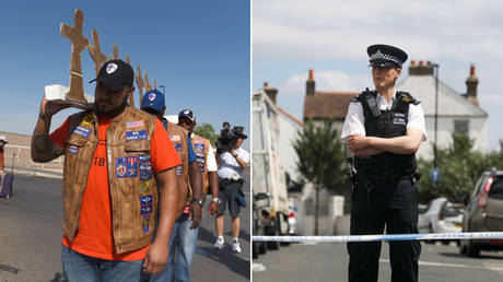 Left: Mourners pay their respects after a mass shooting in Texas. Right: A police officer at the scene of a stabbing in London © Reuters / Callaghan O'Hare and Simon Dawson