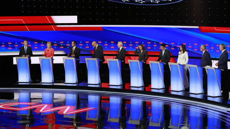 Candidates line up for the second 2020 Democratic presidential debate in Detroit, Michigan, July 31, 2019.