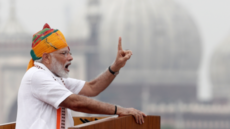 Indian Prime Minister Narendra Modi addresses the nation during Independence Day celebrations at the historic Red Fort in Delhi, India, August 15, 2019. © REUTERS/Adnan Abidi