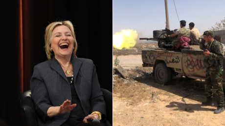 Hillary Clinton © REUTERS/Clodagh Kilcoyne ; fighting in southern Tripoli, Libya June 22, 2019. © REUTERS/Yosri al-Jamal