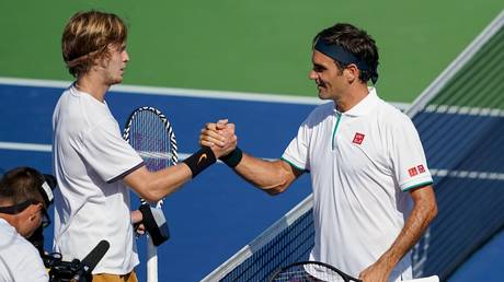 Roger Federer of Switzerland congratulates Andrey Rublev of Russia © Global Look Press / Adam Lacy