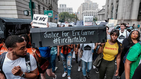Protesters march in New York City on the fifth anniversary of Eric Garner's death, July 17, 2019.