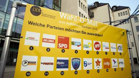 Information stand listing all the parties participating in the regional elections is seen in Chemnitz, Saxony, on August 26, 2019.