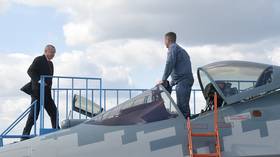 President Recep Tayyip Erdogan of Turkey inspects a Sukhoi Su-57 fighter jet at the MAKS-2019 show in Zhukovsky, Russia.
