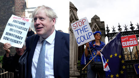 (L) PM Boris Johnson © Reuters / Hannah McKay (R) A protester holds signs during an anti-Brexit protest © Reuters / Henry Nicholls