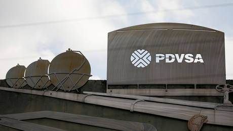 Cutouts depicting images of oil operations are seen outside a building of Venezuela's state oil company PDVSA in Caracas, Venezuela. File Photo