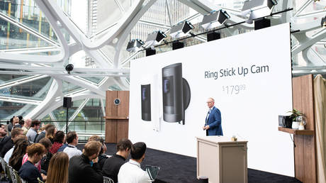 Dave Limp, senior vice president of Amazon devices, announces Ring's new Stick Up Cams during an Alexa products and services launch event at The Spheres in Seattle on September 20, 2018. © AFP / Grant Hindsley
