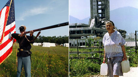 US Civil War reenactor (L) and actual civil war in Bosnia (R) ©  REUTERS/Kevin Lamarque;  REUTERS/Peter Andrews