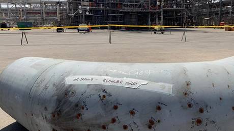 An oil pipe damaged in September 14 attack on the Saudi Aramco facility