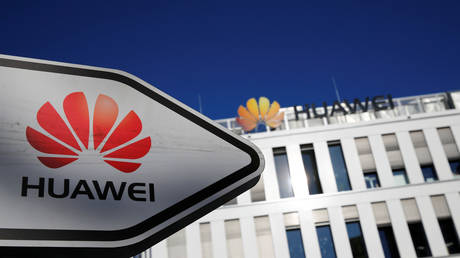 The logo of Huawei in front of the German headquarters of the Chinese telecommunications giant in Duesseldorf, Germany