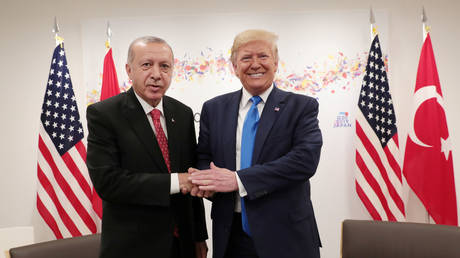 FILE PHOTO: Recep Tayyip Erdogan and Donald Trump shake hands at the G20 summit in Osaka, Japan © Reuters / Murat Cetinmuhurdar