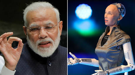 Prime Minister of India Narendra Modi © REUTERS/Brendan Mcdermid ; The humanoid robot Sophia © REUTERS/Edgard Garrido