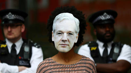 A protester wears a Julian Assange mask outside Westminster Magistrates Court in London, June 14, 2019. © Reuters / Hannah Mckay