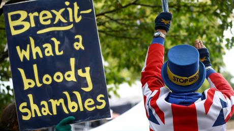 Anti-Brexit protesters demonstrate outside the Houses of Parliament in London, Britain, October 21, 2019. © REUTERS/Hannah McKay